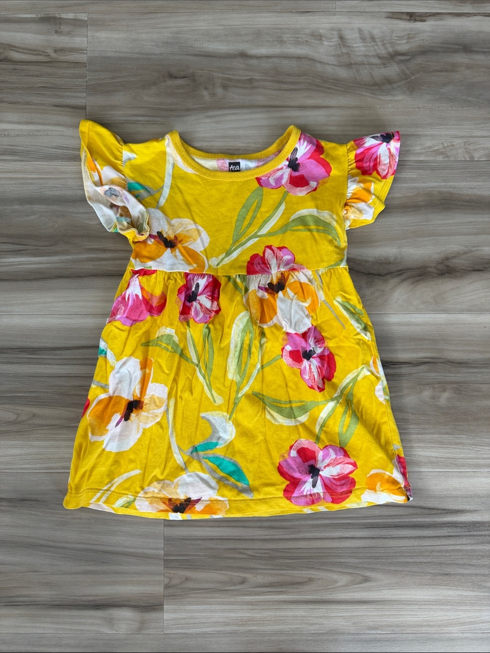 2T Tea Collection Yellow Floral Flutter Dress with Pink Accents